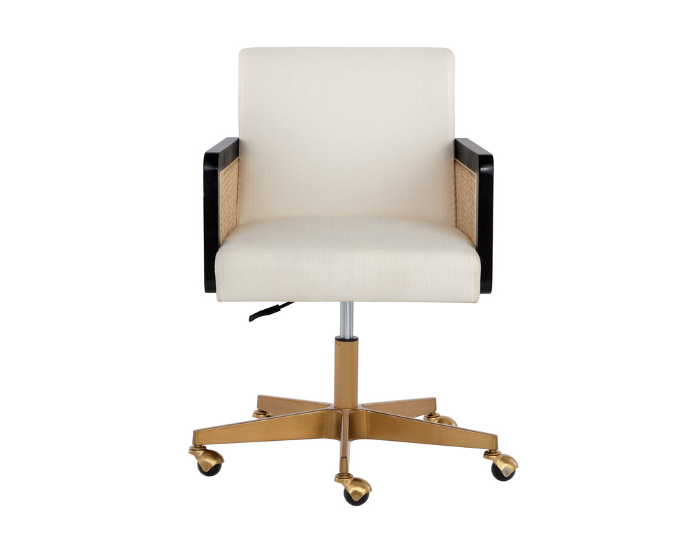 Sunpan Claudette Modern Office Chair in Linoso Ivory with Rattan, Gold Base, and Black Rubberwood Arms