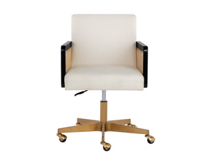 Sunpan Claudette Modern Office Chair in Linoso Ivory with Rattan, Gold Base, and Black Rubberwood Arms