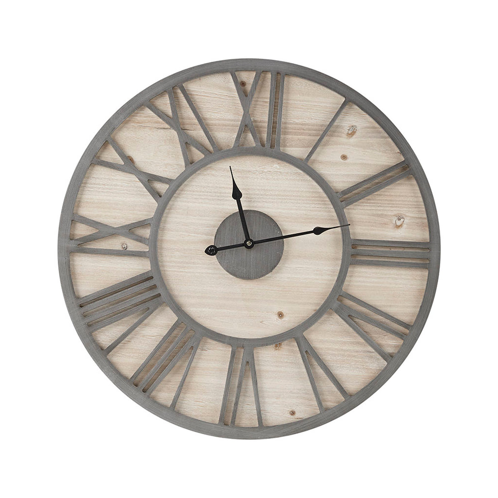 JLA Home Madison Park - 23.6" Wood Wall Clock—Oversized Farmhouse Roman Numerals, Natural Wood-Grain Face & Grey Metal Frame MP95D-0239