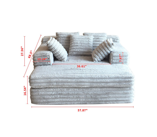 English Elm Chaise Plush Corduroy Lounge Chair Bed with Armrests & Throw Pillows, Oversized 57" Comfort Seat LIGHT GREY W3191S00006