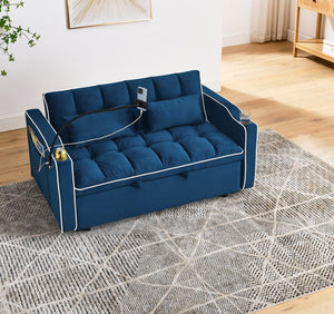 English Elm 55.51 Convertible Velvet Sofa Bed with USB, Swivel Phone Stand & Ashtray — Foldable 3‑Length Modern Loveseat (Blue) W2353P205655