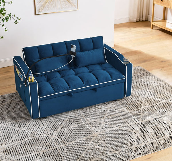 English Elm 55.51 Convertible Velvet Sofa Bed with USB, Swivel Phone Stand & Ashtray — Foldable 3‑Length Modern Loveseat (Blue) W2353P205655