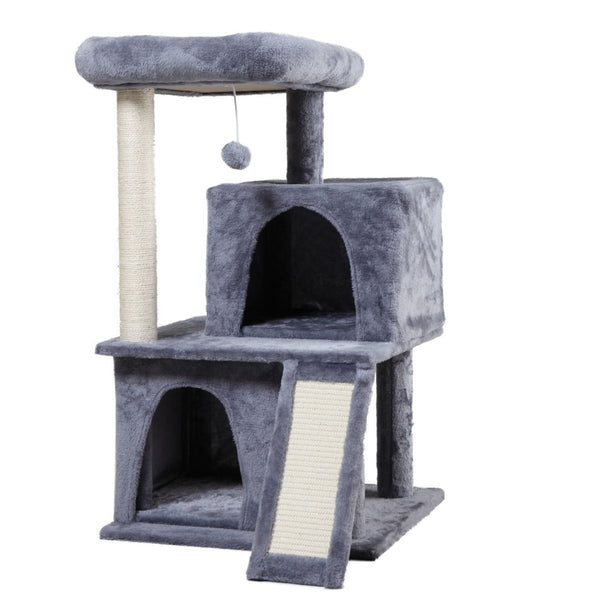 English Elm Double-layer Cat Tree with Sisal Ladder Flannel Houses and Pompom Toy for Small Spaces W2181P357568