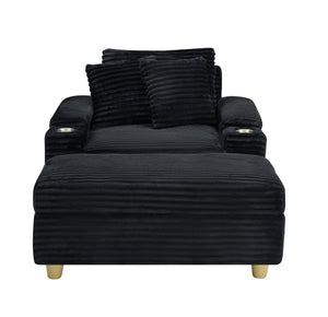 English Elm Black corduroy single sofa with ottoman storage, built-in armrest compartments, removable pillows, modern cozy design W1658S00135