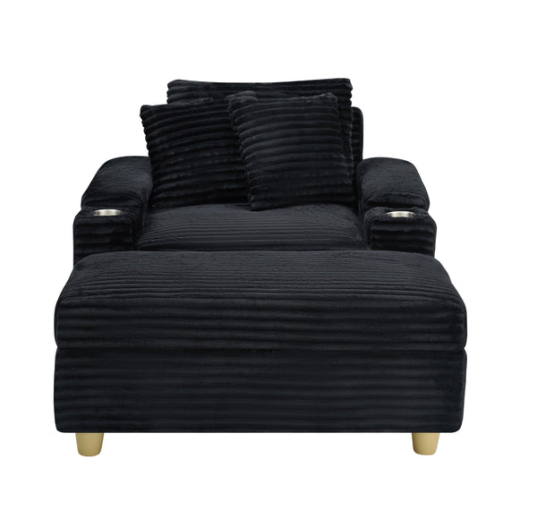 English Elm Black corduroy single sofa with ottoman storage, built-in armrest compartments, removable pillows, modern cozy design W1658S00135