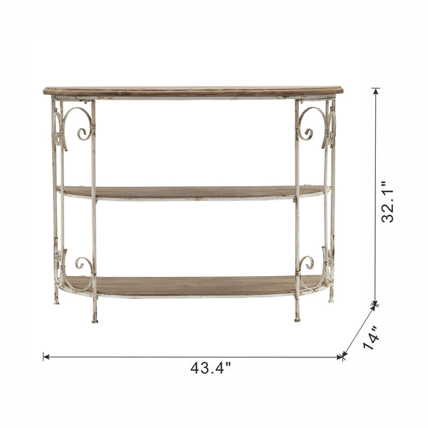 English Elm 43.5x14x32" Three-Tiered White Wooden Shelving Unit with Ornate Iron Frame — Farmhouse Decor, Sturdy Display for Plants & Books W2078P201140