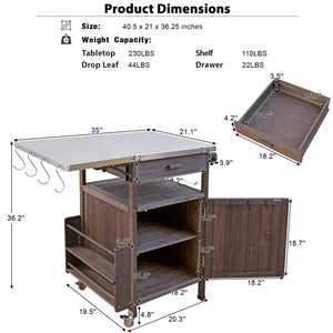 English Elm K&K 40.5" Outdoor Grill Cart with 201 Stainless Top, Solid Fir Storage, Drop Leaf & Lockable Wheels Brown N707P228272Z