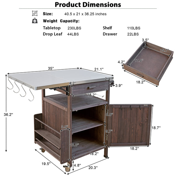 English Elm K&K 40.5" Outdoor Grill Cart with 201 Stainless Top, Solid Fir Storage, Drop Leaf & Lockable Wheels Brown N707P228272Z