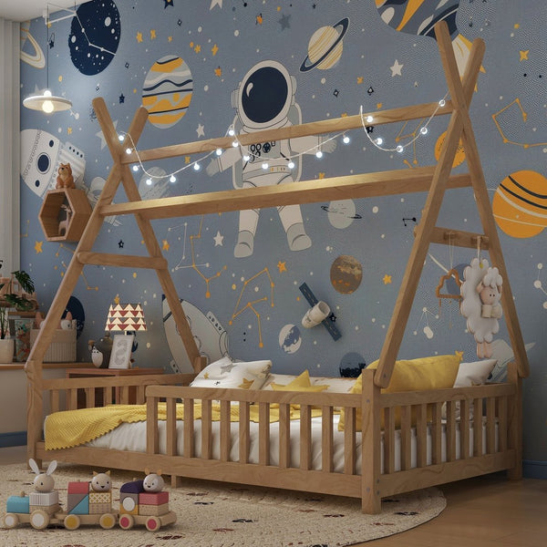 English Elm Twin House Bed with Roof and Guardrails, Low Floor Kids Playhouse Bed with Tent and Lights, Cozy Design Natural 80.91 L x 15.55 W x 6.5 H W2593P296911