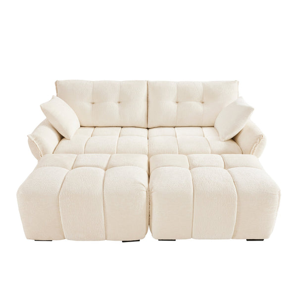 English Elm 2 Seater Sofa Set with Ottomans and Throw Pillows Plush Chenille Tufted Design Durable Wood Frame Comfort White W714S01135