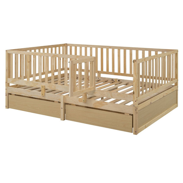 English Elm Full Size Pinewood Kids Daybed with Fence Rails Split Floor Bed and Storage Drawers Natural LP100882AAN