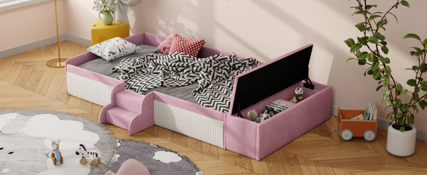 English Elm Twin Velvet Kids Daybed with Built-in Stairs Padded Guardrails and Gas Lift Storage Pink+White SF000201AAH