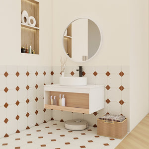 English Elm 30" Floating Wall Mount Bathroom Vanity Open Shelf Ceramic Vessel Sink Modern White W3450S00056