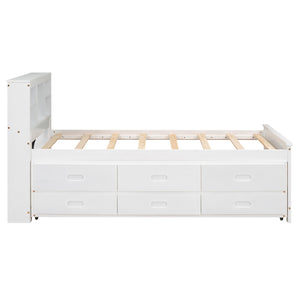 English Elm Twin Platform Bed with Storage Headboard, Pull-Out Trundle & 3 Drawers, USB Ports, Solid Wood Durability White GX000715AAK