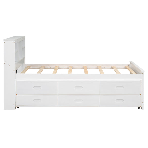 English Elm Twin Platform Bed with Storage Headboard, Pull-Out Trundle & 3 Drawers, USB Ports, Solid Wood Durability White GX000715AAK