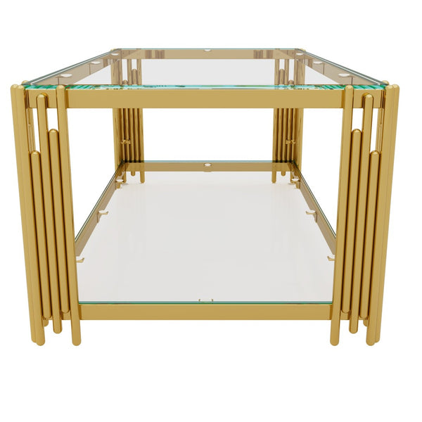 English Elm Modern Glam Rectangular Coffee Table with Mirrored Top Gold Sculptural Frame Open Shelf Transparent N735P380099K