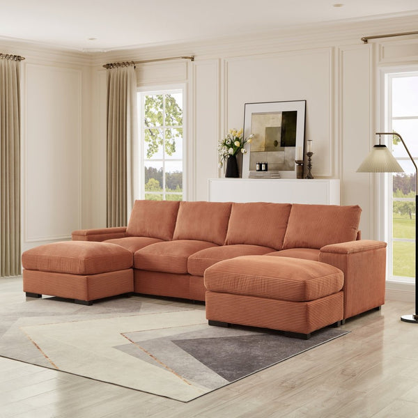 English Elm 122"l Corduroy Sectional with Dual Ottomans Modular U-shape Sofa for Modern Living Orange W1669S00022