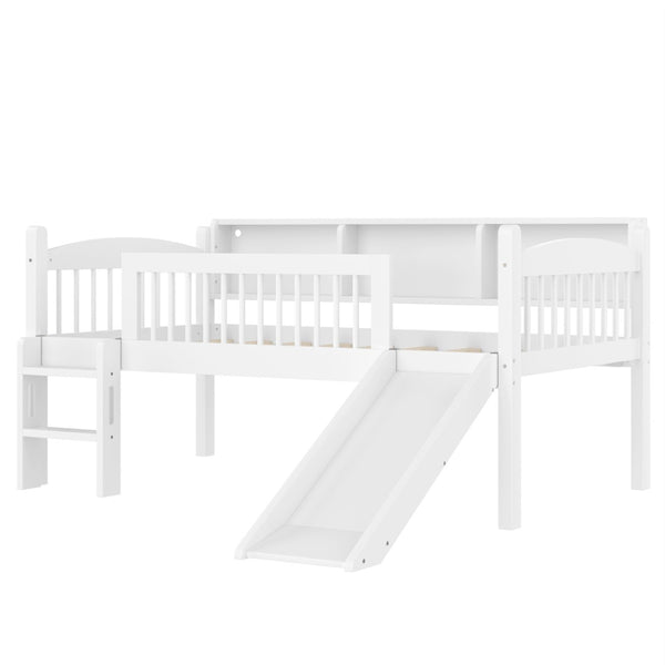 English Elm Twin Low Loft Bed Solid Pine Frame with Built-in Led Lighting and Storage Shelves Light White W1580P395928