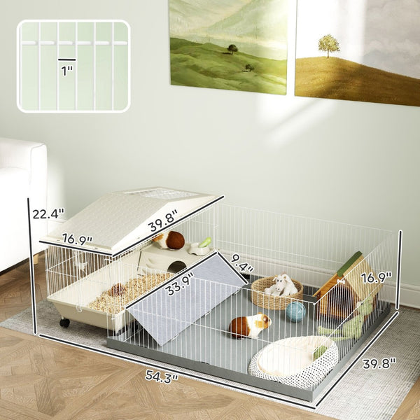 English Elm Small Animal Habitat with Oxford Playpen Waterproof Base Hay Feeder and Locking Wheels T3971P407716