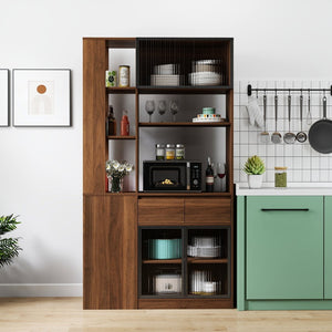 English Elm 70.87"h Tall Storage Cabinet Glass Panel Doors Asymmetric Drawers Modern Hallway Organizer W331S00205
