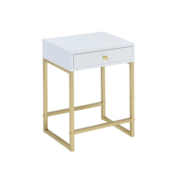 English Elm Coleen Contemporary White Veneer Accent Table with Brass Metal Base and Storage Drawer B2726P270971
