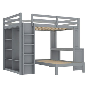 English Elm Queen Solid Wood Bunk Bed With Dismountable Twin, Desk, Shelves & Wardrobe - Modern Grey Design W1580S00215-GIGA