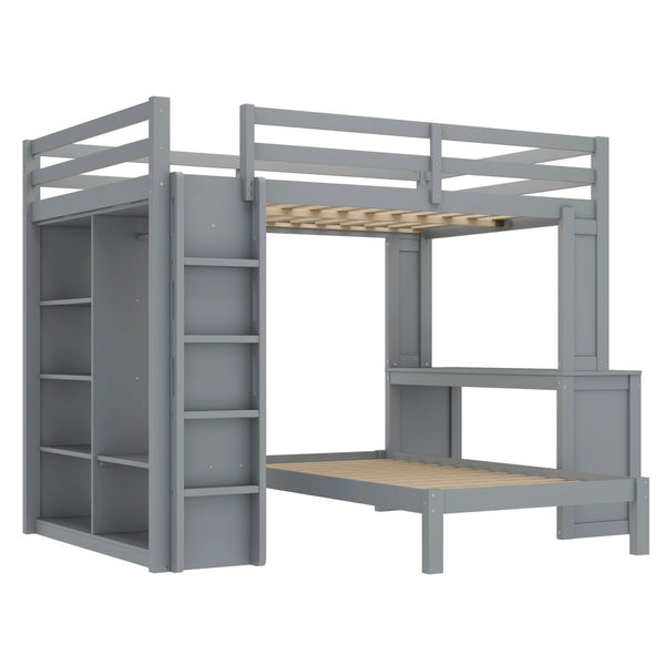 English Elm Queen Solid Wood Bunk Bed With Dismountable Twin, Desk, Shelves & Wardrobe - Modern Grey Design W1580S00215-GIGA
