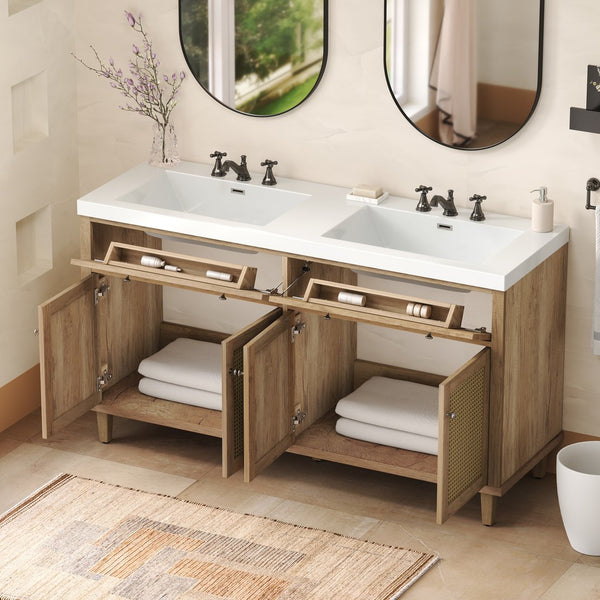 English Elm Christopher Knight Home® - 60 Inch Bathroom Vanity with Double Sinks SMC, Rattan Doors, Soft-Close Drawers, Stable Pine Legs Wood N817P296140N
