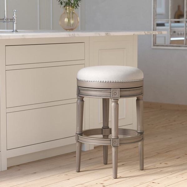 English Elm 31in. Swivel Barstool Faux Leather Seat Nailhead Trim Carved Walnut Frame Kitchen Bar Gray B2751P436439