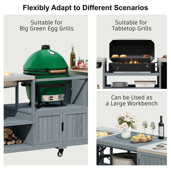 English Elm K&k Solid Fir Outdoor Kitchen Island with Sink Stainless Steel Top and Grill Cutout Grey+Blue N707S000022G