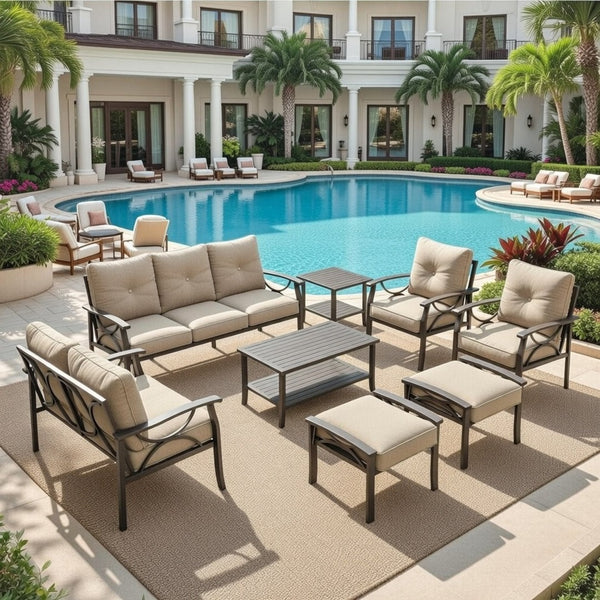 English Elm 8-piece Outdoor Conversation Set 9 Seat Steel Patio Sofa with Thick Cushions Tables Beige B082S00118