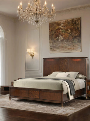 English Elm Transitional Eastern King Panel Bed Rubberwood Burl Veneer Gold Accent Feet B2741S00796