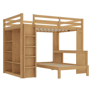 English Elm Queen Over Twin Bunk Bed With Built-In Desk, Storage, And Dismountable Lower Bed - Natural Wood W1580S00216-GIGA