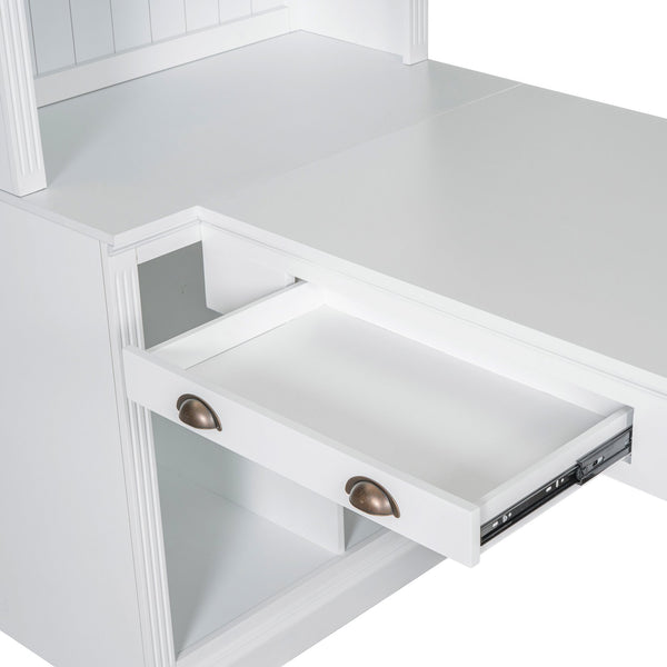 English Elm 83.4"Tall Bookshelf with Writing Desk White – Modern Solid Wood Workstation with LED, Drawer & Adjustable Shelf N751S280597K