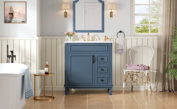 English Elm 30" French-Inspired Bathroom Vanity With Ceramic Sink, Soft-Close Drawers & Elegant Storage Solutions N710P323323C