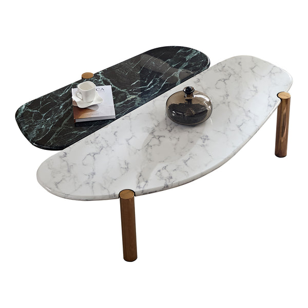 English Elm Faux Mid Century Marble Coffee Tables Set — Large & Small MDF Tops with Gold Geometric Legs, Durable Elegance W876P221049