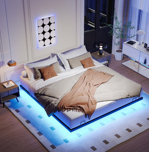 English Elm Queen Metal Platform Bed with Built-in Led Underlighting for Modern Bedroom Decor W1670P407045