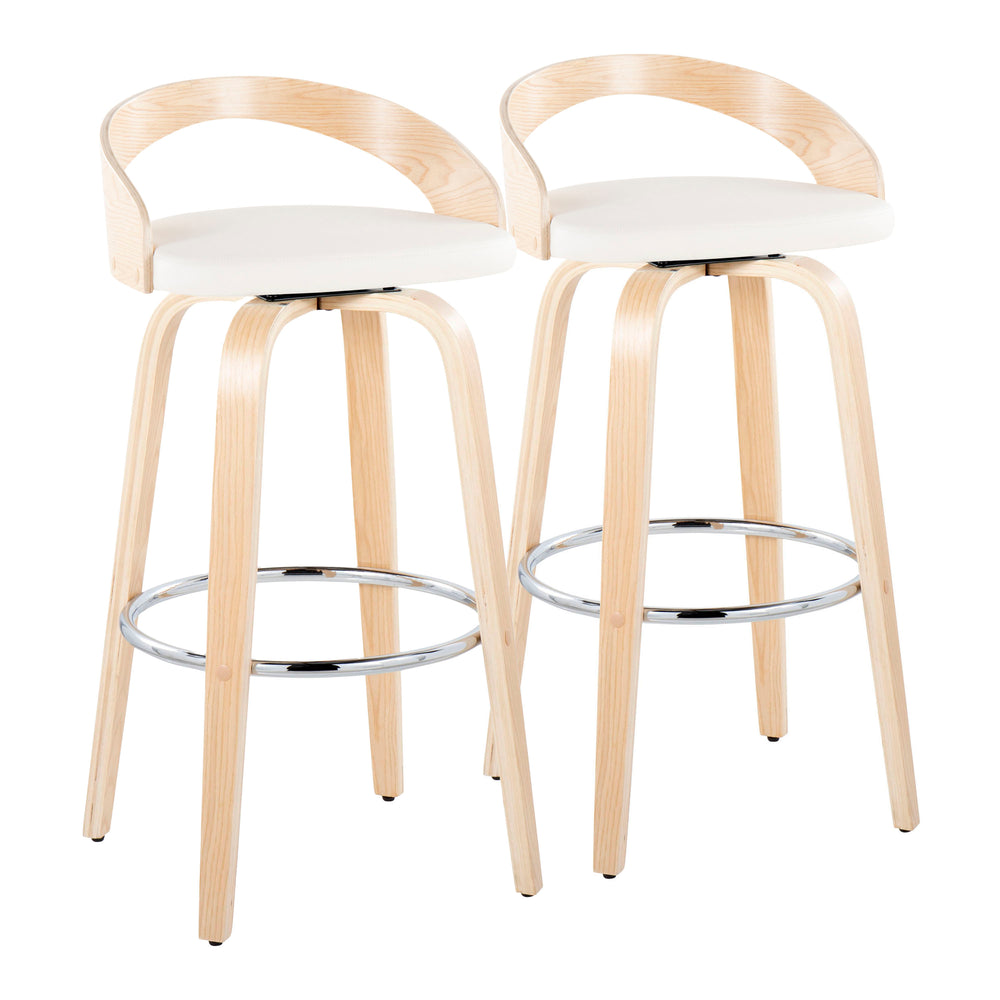 English Elm Grotto 30" Contemporary Fixed-Height Barstool Set Of 2 - Swivel White Faux Leather & Natural Wood B202S00597
