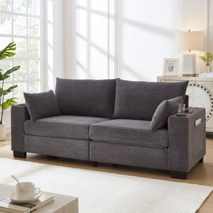English Elm 78"corduroy Plush Three Seat Sofa with Usb Ports Cup Holders Deep Cushions Apartment Gray W3705P455918