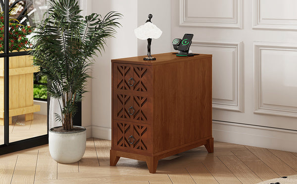 English Elm End Table With 3 Drawers & 2 Open Shelves - Stylish Walnut Corner Table With Power Outlet & Usb Ports W2593P289146