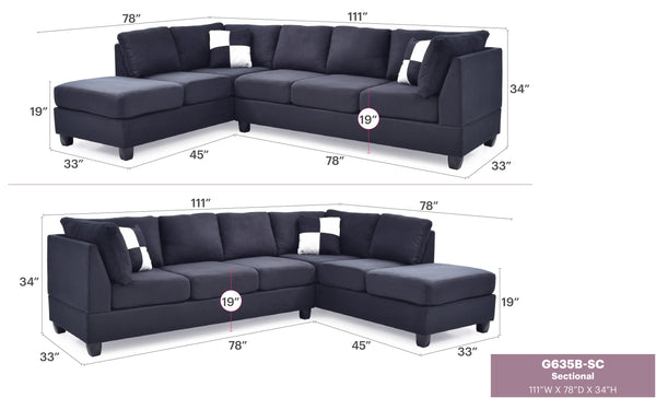English Elm G635B-SC Black Microfiber Sectional Sofa Without Ottoman – Pocketed Coil & Foam Seating, Removable Backs for Easy Delivery and Reversible Chaise Configurations B078S00061
