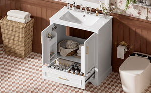 English Elm 30" Modern Bathroom Vanity with Ceramic Sink, Soft-Close Doors, Divided Drawer & Dual Door Shelves White N729P321376K