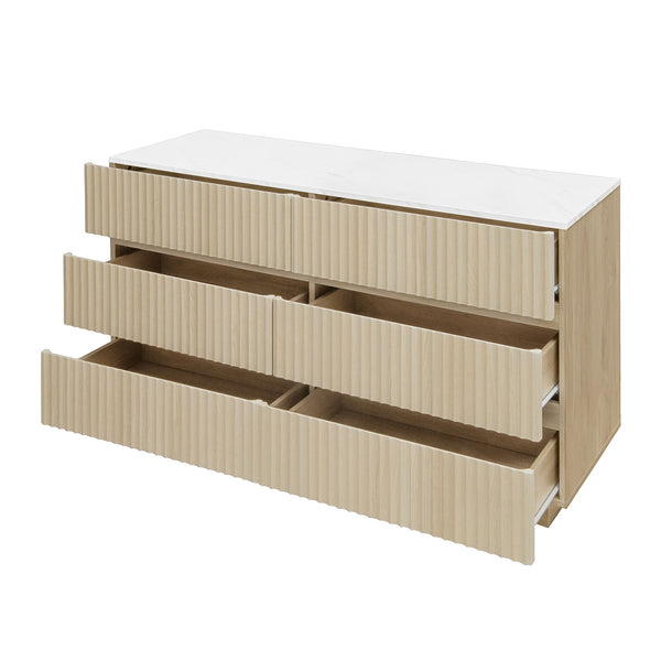 English Elm Fluted 6 Drawers Dresser with LED Lighting, Anti-Tip Safety, Smooth Slides & USB-Controlled Glow W688P194155