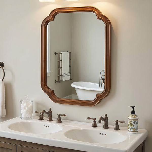 English Elm Black Walnut Solid Wood Frame Mirror with Rounded Corners for Bedroom or Entryway W2203P455260