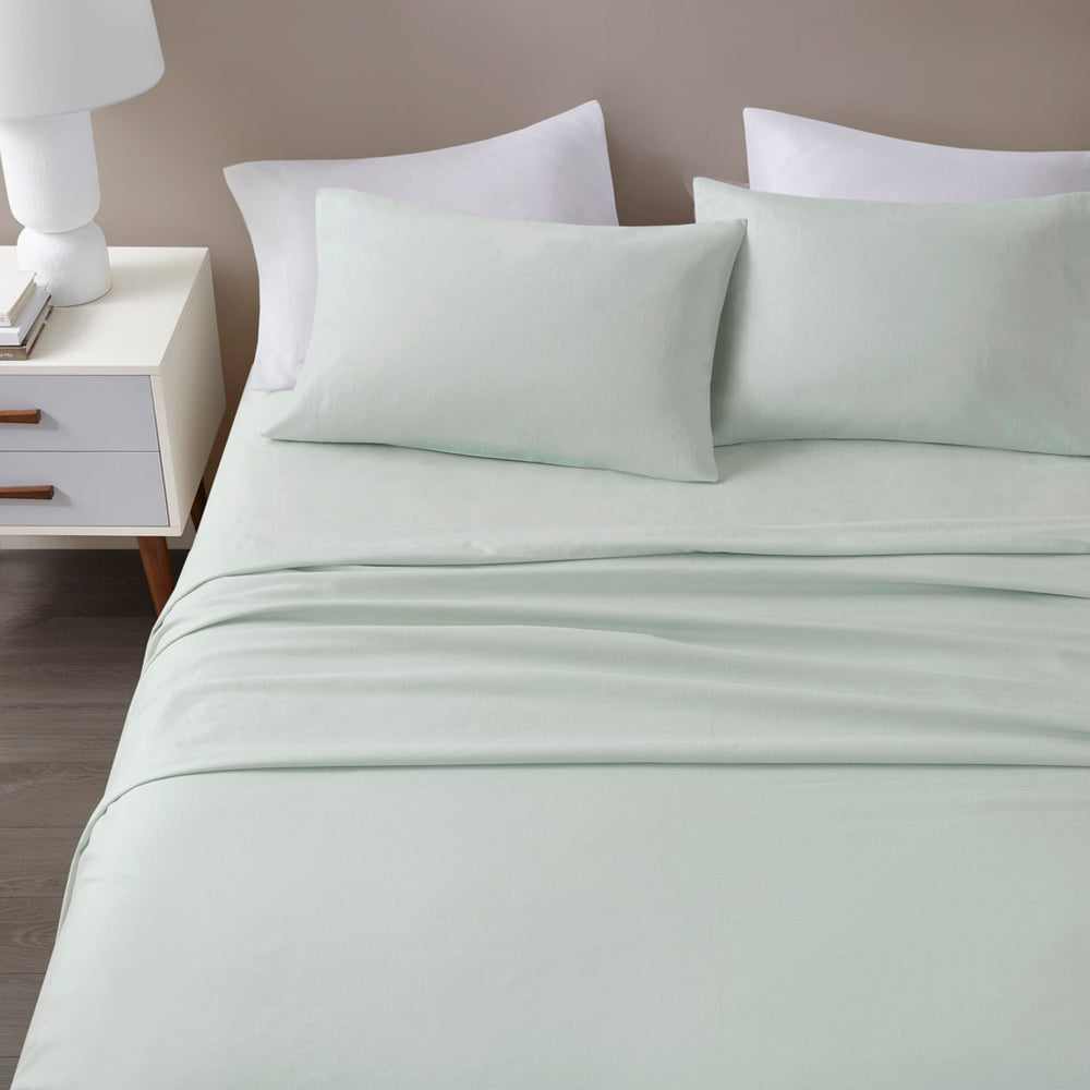 JLA Home Beautyrest - 4 Piece Sheet Set Oversized Cotton Flannel Bedding — Brushed Softness, Warmth, OEKO‑TEX Certified Comfort Seafoam Solid BR20-1845
