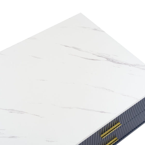 English Elm Modern Blue MDF Coffee Table 47.2" with Marble White Top, Gold Legs, 2 Glass Doors, 4 Drawers, LED N735P167910