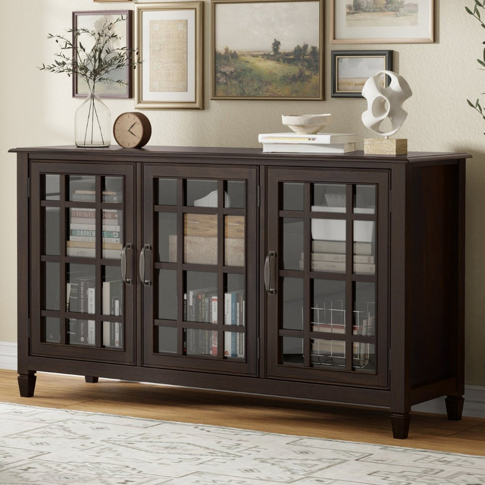 English Elm Connaught Solid Wood Buffet with Glass Doors Raised Panel Drawers Dining Storage B136P436051