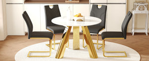 English Elm Table 5-Piece Set: 42-Inch Round Stainless Steel Dining Table With Elegant Black Chairs & Gold Legs W2920S00047-GIGA