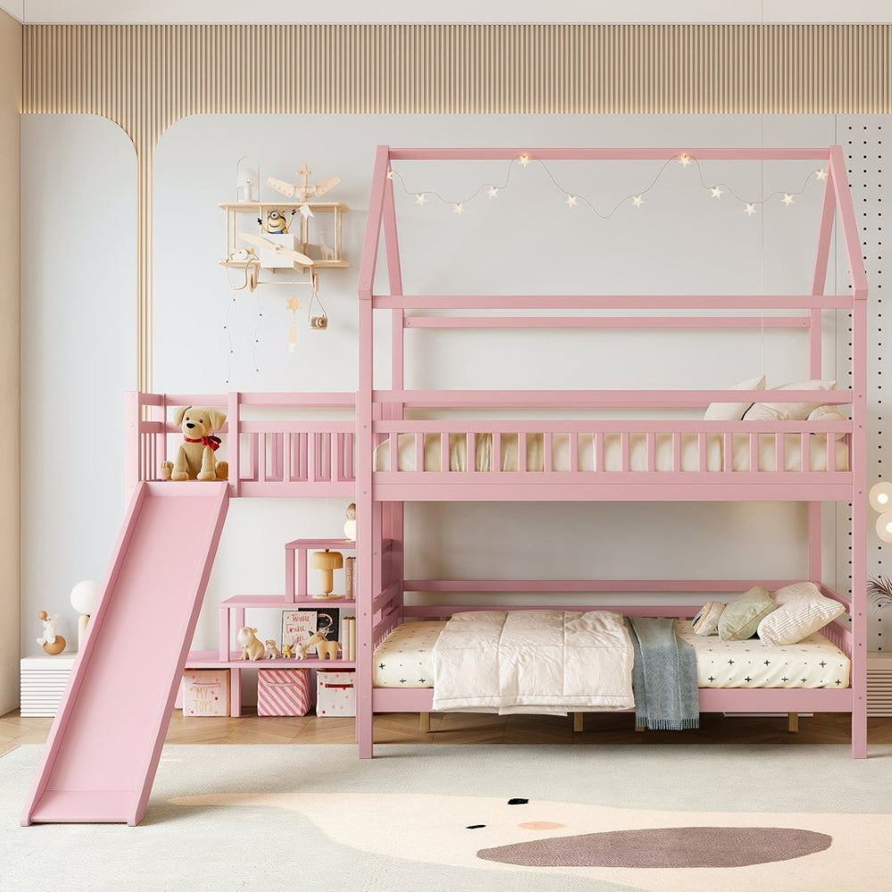 English Elm Full Bunk Bed with Trundle Bookshelf Storage Pine Frame Car Design for Kids Pink W1580S00304