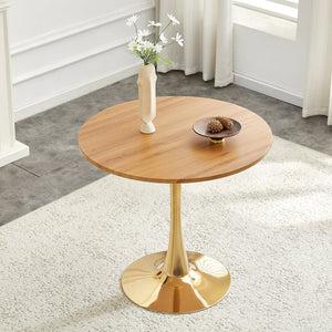 English Elm Round Faux Marble Tulip Pedestal Dining Table Mid Century Modern for Small Bistro Spaces Gold,Wood W2920P401552